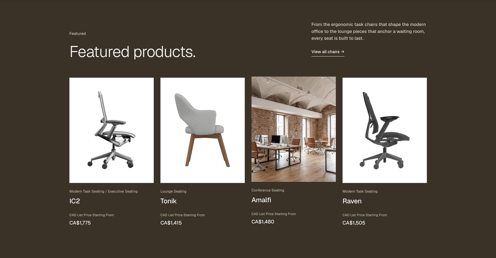 Featured products with live CAD pricing