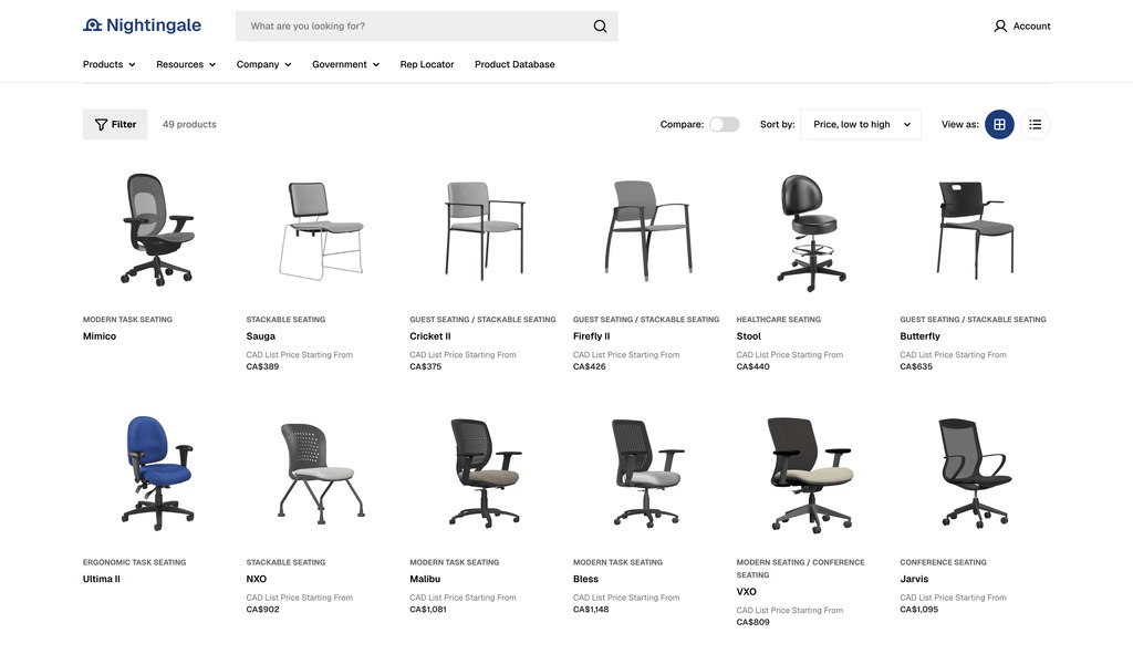 The full product catalogue with filters and comparison